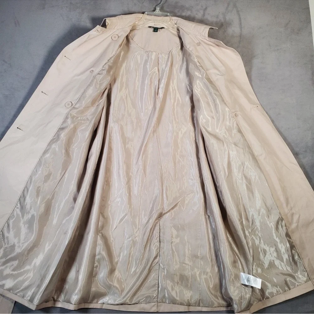 Lauren Ralph Lauren Trench Coat Womens L Beige Double Breasted Belted Preppy - Picture 3 of 8